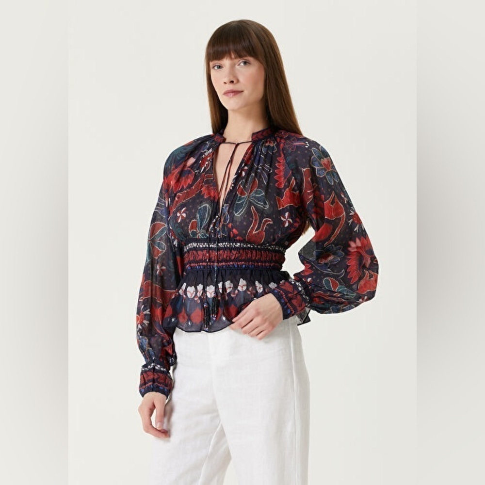 FARM RIO NWT Dark Blue Tropical Shine V Neck Blouse S